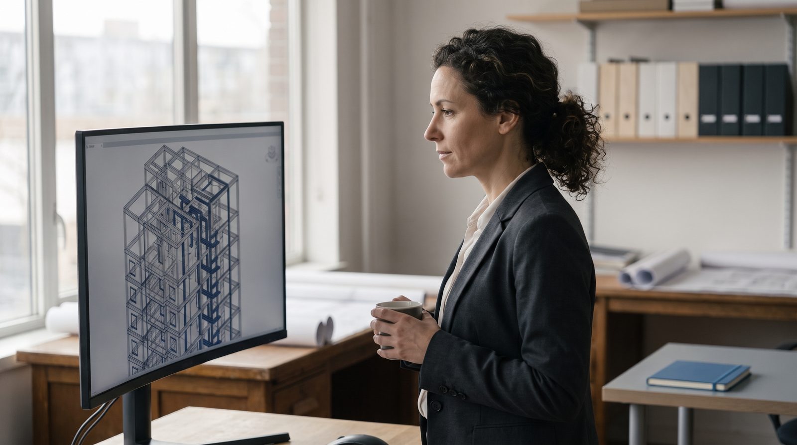 Coordenadora de obra revisando na tela um modelo federado, com estrutura e instalações sobrepostas.